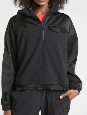 Athleta Black Hooded Quarter-Zip Windbreaker Pullover